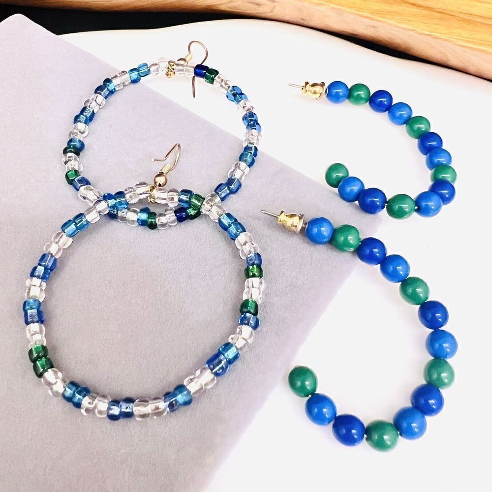 Earrings Lot 2 Pair Beaded Hoop Pierced Blue Green Beads Dangle Drop 4211